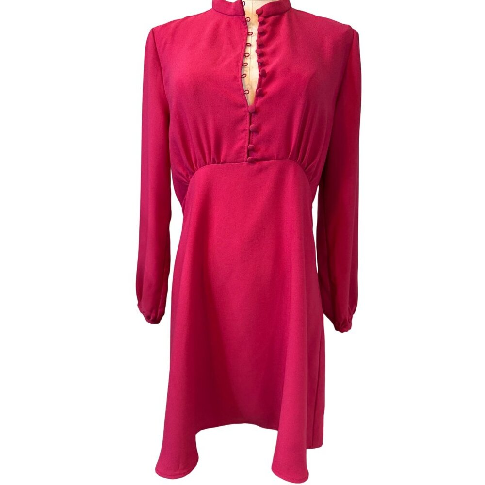 NWOT ZARA M Vintage-Inspired Fuchsia Dress Button Front & Long Sleeves